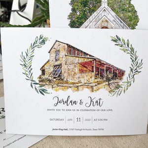 May include: A watercolor illustration of a wedding invitation with a rustic barn and greenery. The invitation reads "Jordan & Kat" and includes the date and time of the wedding: "Saturday, 11, at 5:00 PM".