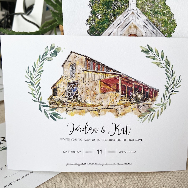 May include: A watercolor illustration of a wedding invitation with a rustic barn and greenery. The invitation reads "Jordan & Kat" and includes the date and time of the wedding: "Saturday, 11, at 5:00 PM".