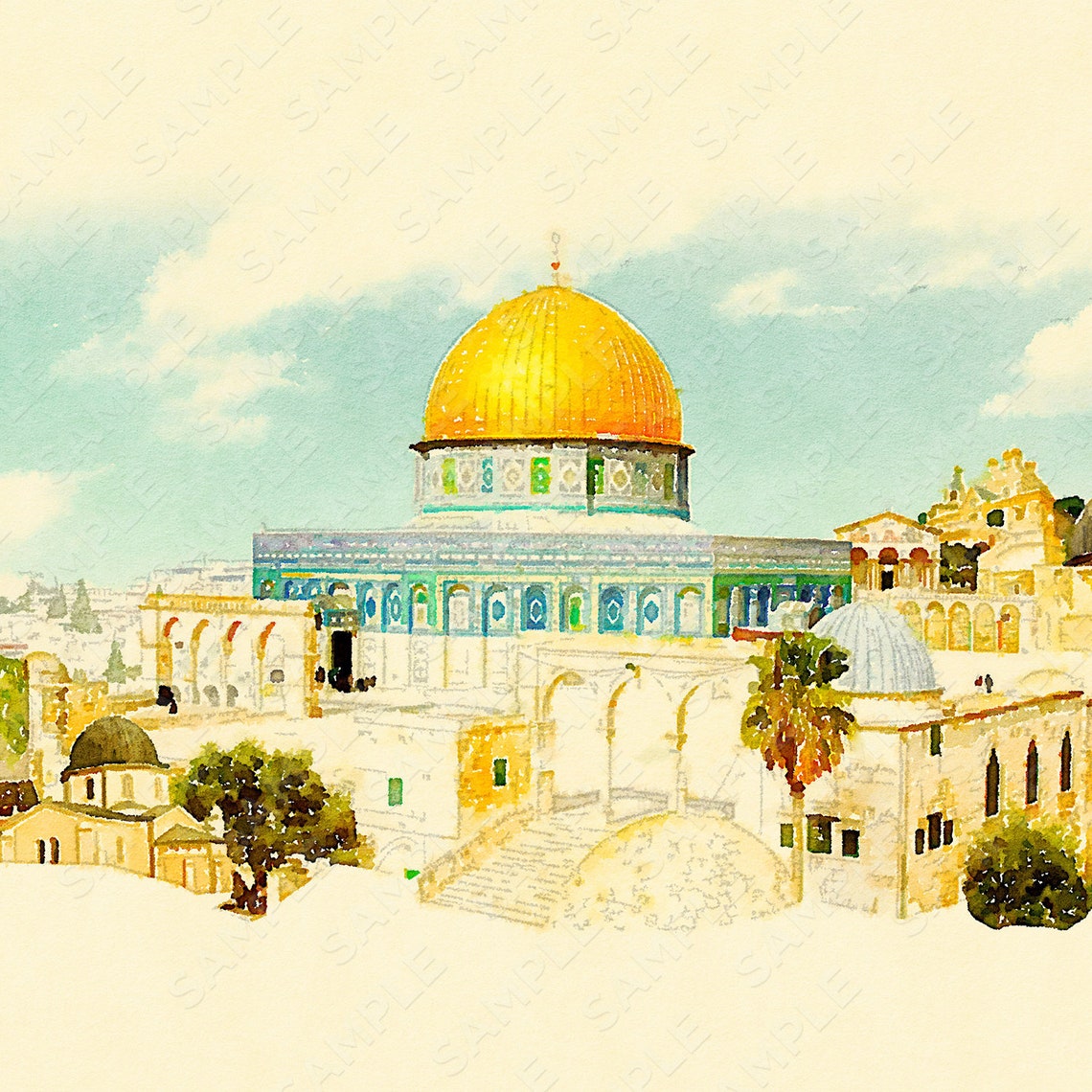 Watercolor Jerusalem City Illustration Jerusalem Artwork Etsy