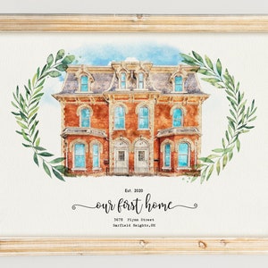 May include: Watercolour painting of a brick house with a green leafy wreath around it. The house has a white door and windows. The text below the house reads "Est. 2020 our first home 3678 Flynn Street Garfield Heights, OH".