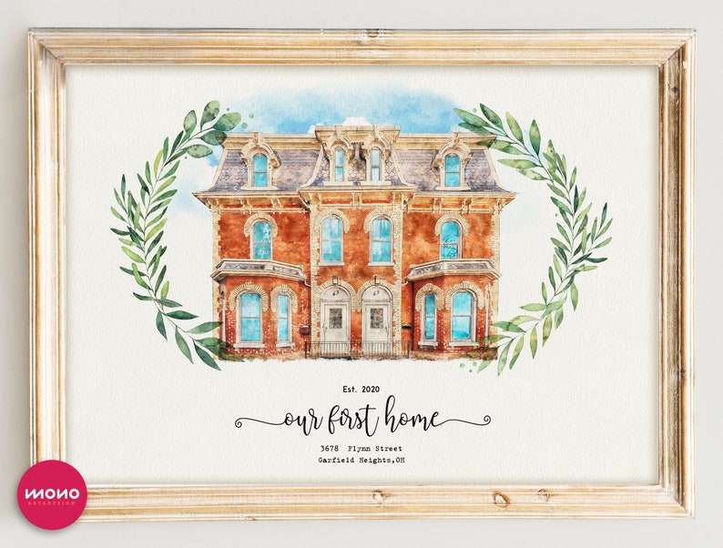 May include: Watercolour painting of a brick house with a green leafy wreath around it. The house has a white door and windows. The text below the house reads "Est. 2020 our first home 3678 Flynn Street Garfield Heights, OH".