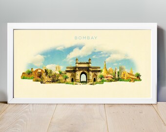 Aquarel Bombay City illustratie, Bombay Artwork, Bombay Skyline, panoramisch Bombay Poster, Bombay Print, Bombay kaart, City Art, Wall Art