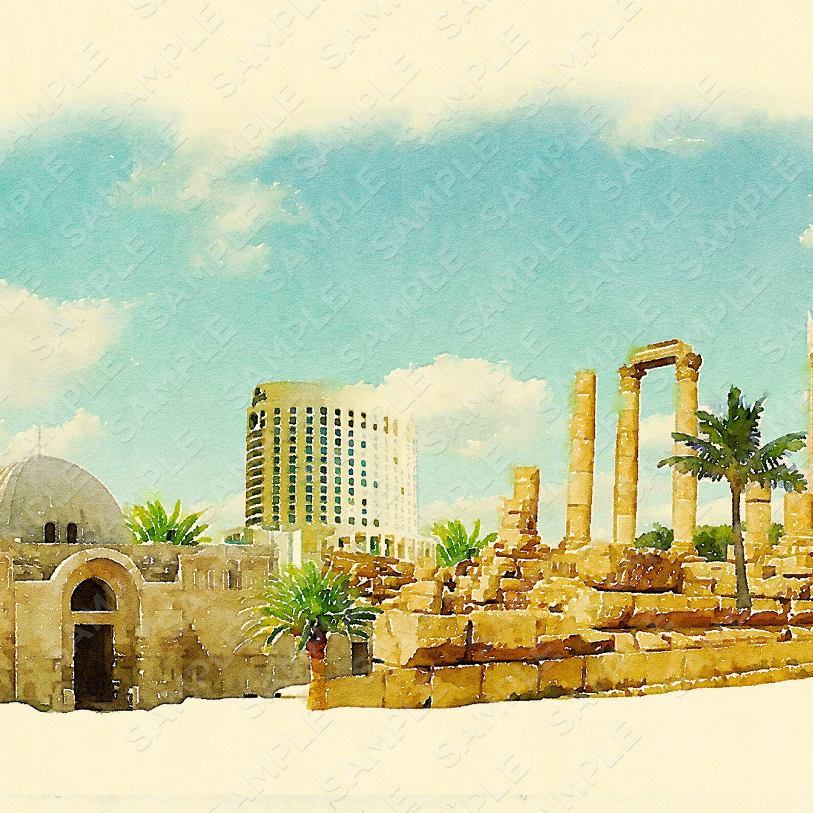 Watercolor Amman City Illustration Amman Artwork Amman Etsy