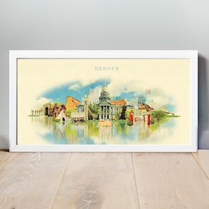 Skyline von Denver, Denver Poster, Denver Kunstwerk, Denver Kunstdruck, Aquarell Denver City Illustration, Karte Denver, Colorado, Wand Kunst