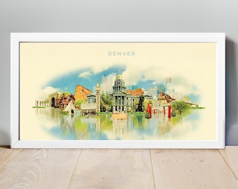 Denver Skyline, Denver Poster, Denver Artwork, Denver Art Print, Watercolor Denver City Illustration, Denver Map, Colorado, Wall Art