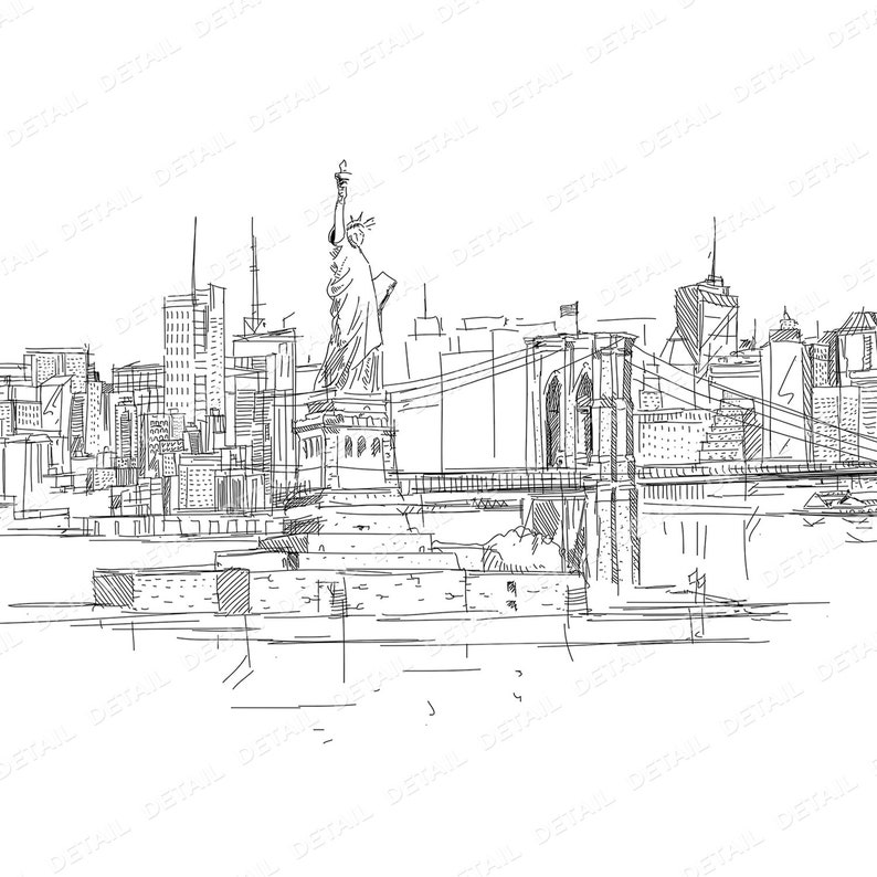 Cartel de bocetos de la ciudad de Nueva York, cartel panorámico de dibujo a mano de Nueva York, obras de arte de Nueva York, cartel de boceto de la ciudad, horizonte de Nueva York, horizonte de la ciudad, nueva york imagen 2