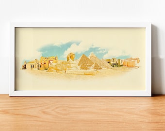 May include: A watercolor painting of the Great Sphinx and the Pyramids of Giza in Egypt. The painting is in a white frame and has a light yellow background.