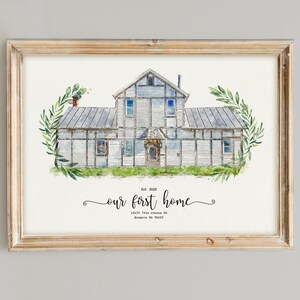 May include: A watercolour painting of a white house with a grey roof and green foliage. The text "Est. 2020 our first home 12312 First Avenue XX Baltimore, MD 21233" is written below the house.