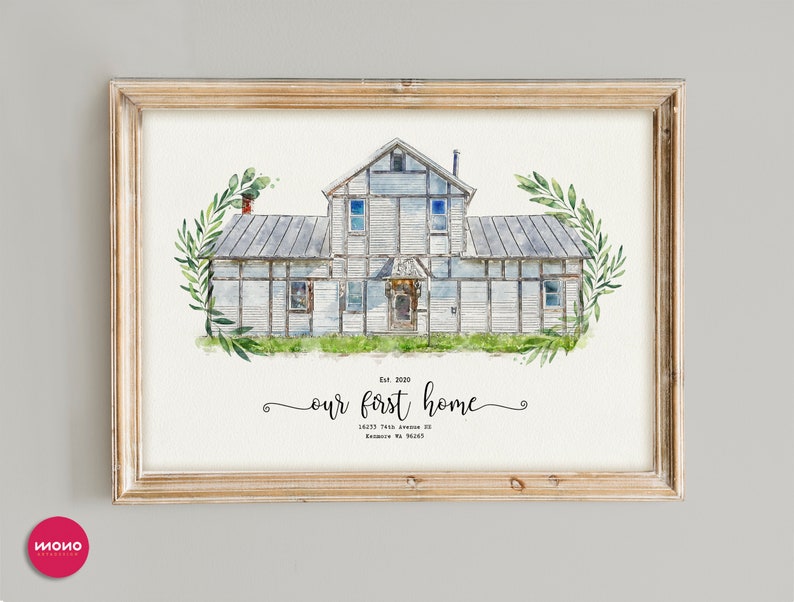 May include: A watercolour painting of a white house with a grey roof and green foliage. The text "Est. 2020 our first home 12312 First Avenue XX Baltimore, MD 21233" is written below the house.