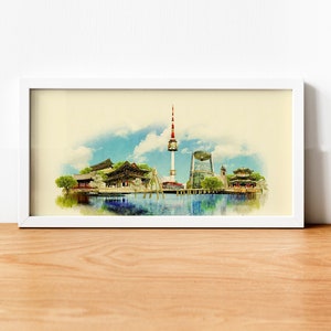 Aquarell Seoul Stadt Illustration, Seoul Kunstwerk, Seoul Skyline, Panorama Seoul Poster, Seoul Print, Stadtplan, Stadtkunst, Wandkunst