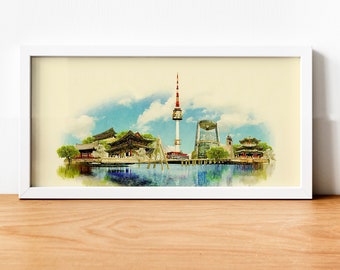 Aquarelle Seoul City Illustration, Seoul Artwork, Seoul Skyline, Panoramic Seoul Poster, Seoul Print, Seoul Map, City Art, Wall Art