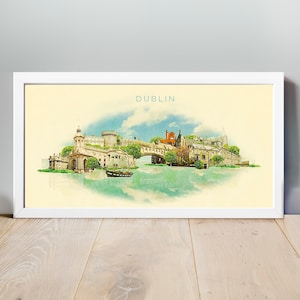 Illustratie van de aquarel Dublin City Dublin Artwork, Dublin Skyline, panoramisch Dublin Poster, Dublin Print, Dublin kaart, City Art, Wall Art