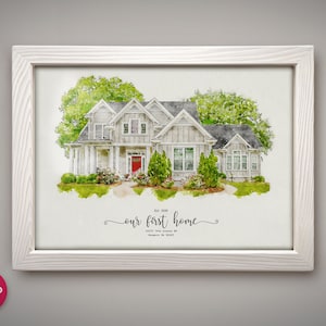Op de afbeelding: Een aquarel schilderij van een huis met twee verdiepingen met een witte buitenkant en een rode voordeur. Het huis is omgeven door groene bomen en struiken. De tekst "Est. 2020 our first home 12377 Fake Street Somewhere, No. 12345" staat onder het huis.
