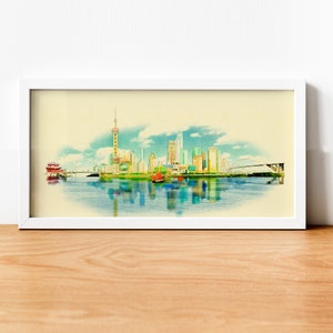 Aquarell Shanghai Stadt Illustration, Shanghai Kunstwerk, Shanghai Skyline, Panorama Shanghai Poster, Shanghai Druck, Stadt Kunst, Wand-Kunst-Karte