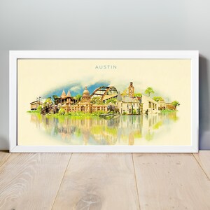 Skyline von Austin, Austin Poster, Austin Artwork, Austin Kunstdruck, Aquarell-Austin-Stadt-Illustration, Austin Karte, Texas, Wandbilder, Stadt Kunst