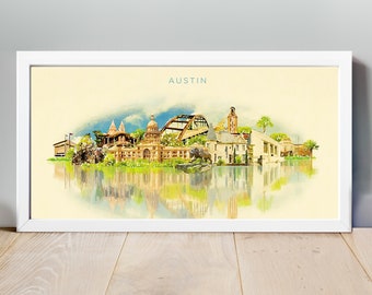 Austin Skyline, Cartel de Austin, Arte de Austin, Austin Art Print, Acuarela Austin City Illustration, Austin Map, Texas, Wall Art, City Art