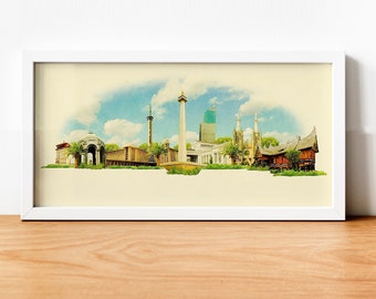 Watercolor Jakarta City Illustration, Jakarta Artwork, Jakarta Skyline, Panoramic Jakarta Poster, Jakarta Print, Jakarta Map, City Wall Art