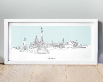 Madrid City Sketch Poster, Hand Drawing Madrid Panoramic Poster, Madrid Artwork, Madrid Skyline, City Art, City Map, City Print, Spain