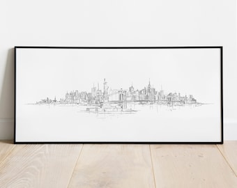 Cartel de bocetos de la ciudad de Nueva York, cartel panorámico de dibujo a mano de Nueva York, obras de arte de Nueva York, cartel de boceto de la ciudad, horizonte de Nueva York, horizonte de la ciudad, nueva york