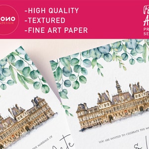 May include: A wedding invitation with a watercolor illustration of a building with a green leafy border. The text reads "You are invited to celebrate the marriage of..."