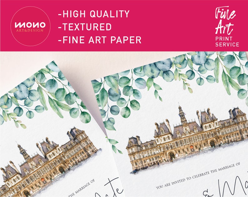 May include: A wedding invitation with a watercolor illustration of a building with a green leafy border. The text reads "You are invited to celebrate the marriage of..."
