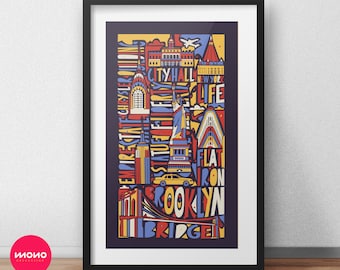 New York Print, New York City Illustration affiche, illustration de la ville de New York, à la main dessin New York Poster, Travel Poster, carte, Art mural