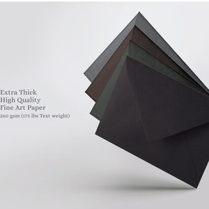 May include: Stack of five envelopes in various shades of gray, from light to dark. The envelopes are made of extra thick, high quality fine art paper, 260 gsm (175 lbs Text weight).