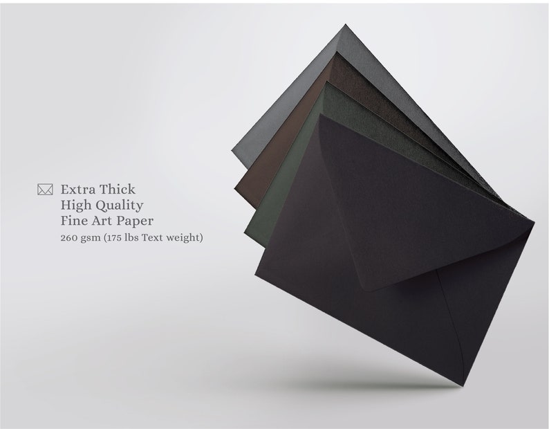 May include: Stack of five envelopes in various shades of gray, from light to dark. The envelopes are made of extra thick, high quality fine art paper, 260 gsm (175 lbs Text weight).
