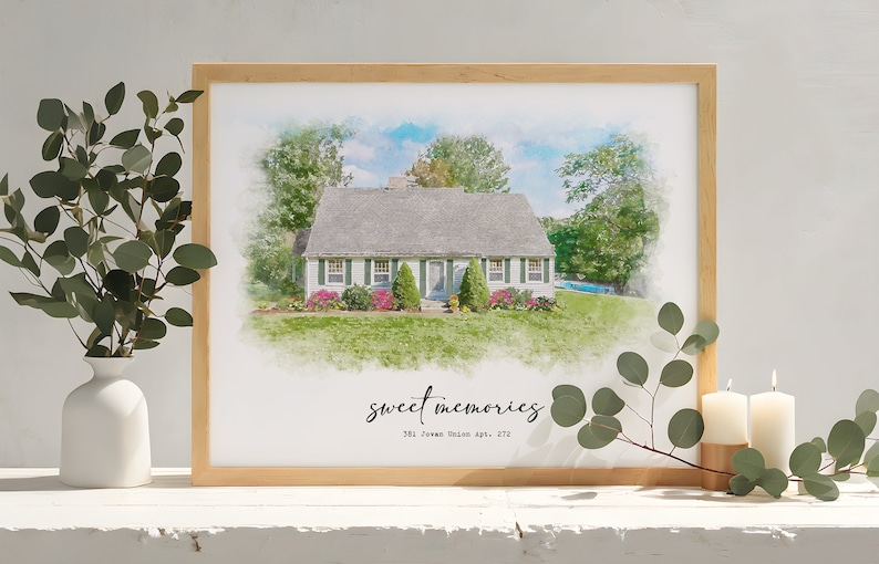 Framed watercolor house portrait from photo
