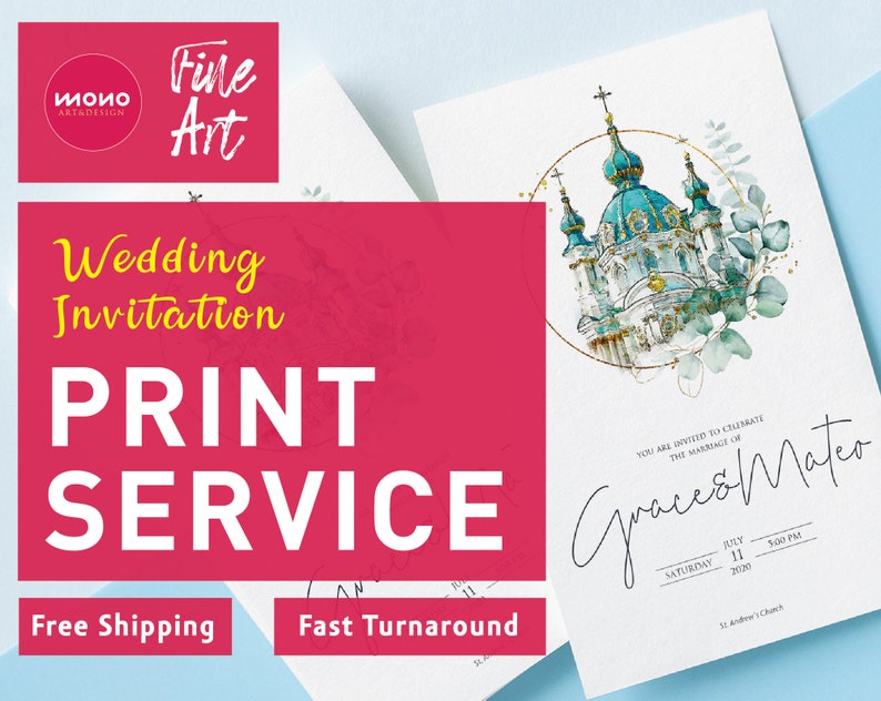 May include: Wedding invitation with a watercolor illustration of a church with gold accents and green leaves. The text "You are invited to celebrate the marriage of Grace & Mateo" is written in cursive script. The date and time of the wedding are listed below the names.