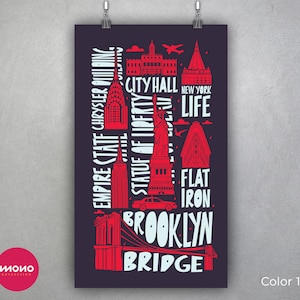 Impressão de Nova York, pôster de ilustração da cidade de Nova York, desenho à mão pôster de Nova York, arte de Nova York, pôster de viagens de NY, mapa, decoração de casa
