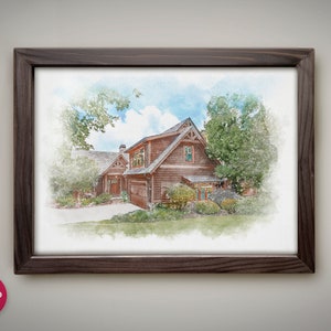 Op de afbeelding: Een aquarel van een bruin huis met een groen dak en een wit veranda. Het huis is omgeven door groene bomen en struiken. Het schilderij is ingelijst in een donkerbruin frame.