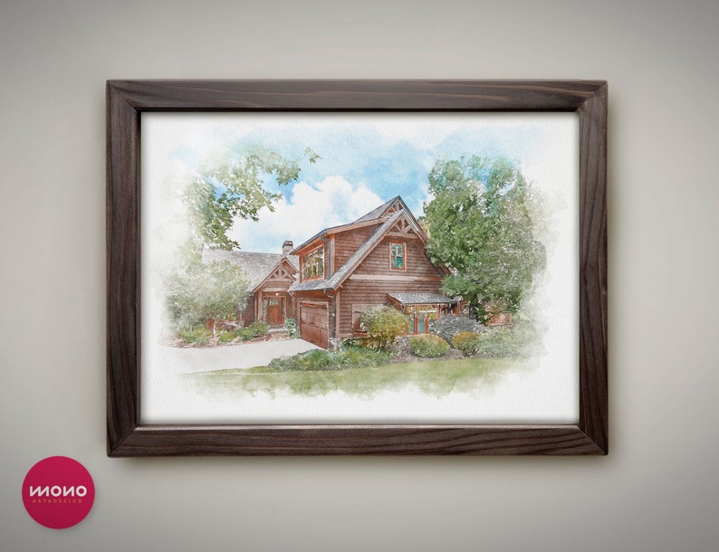 Op de afbeelding: Een aquarel van een bruin huis met een groen dak en een wit veranda. Het huis is omgeven door groene bomen en struiken. Het schilderij is ingelijst in een donkerbruin frame.
