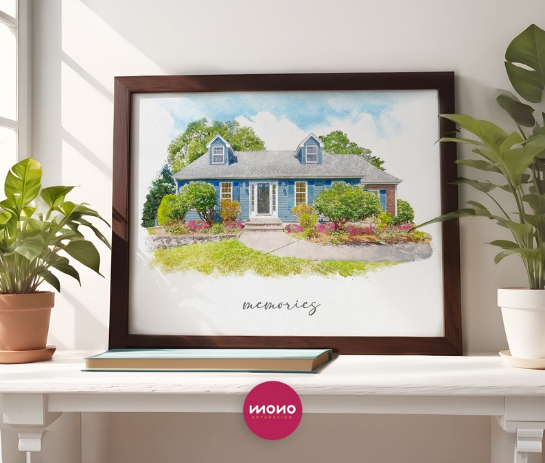 Framed watercolor house portrait from photo
