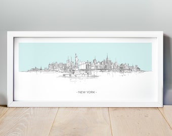 New York City Sketch Poster, Dibujo a mano New York Panoramic Poster, New York Artwork, New York Skyline, Statue of Liberty, Mapa, City Print