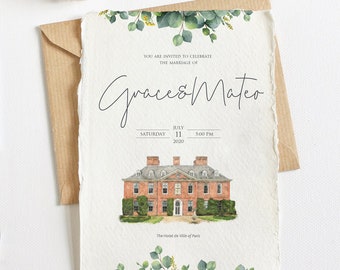 Custom Wedding Invitation with Watercolor Venue Painting, Invitation Set, Custom Watercolor Wedding Venue Portrait, Wedding Church Portrait