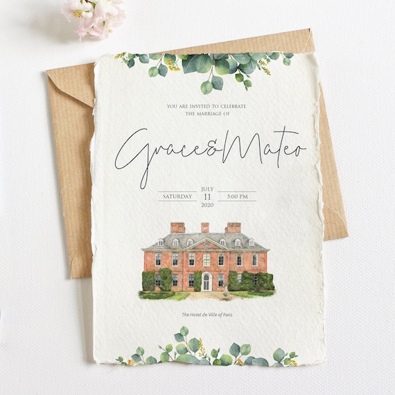 Custom Wedding Invitation with Watercolor Venue Painting Invitation Set Custom Watercolor Wedding Venue Portrait Wedding Church Portrait