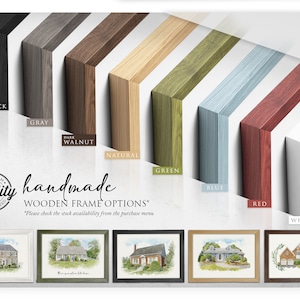 May include: A selection of handmade wooden picture frames in various colors, including black, gray, dark walnut, natural, green, blue, red, and white. The text "handmade wooden frame options" is displayed below the frames.