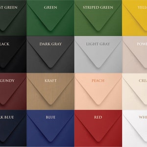 May include: A collection of 16 different colored envelopes, each with a different color and name. The colors include forest green, green, striped green, yellow, black, dark gray, light gray, powder, burgundy, kraft, peach, cream, dark blue, blue, red, and white.
