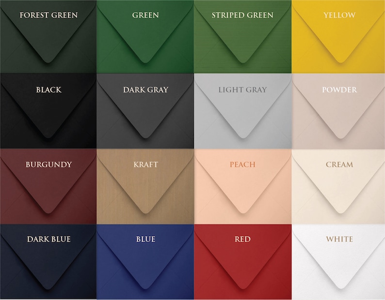 May include: A collection of 16 different colored envelopes, each with a different color and name. The colors include forest green, green, striped green, yellow, black, dark gray, light gray, powder, burgundy, kraft, peach, cream, dark blue, blue, red, and white.