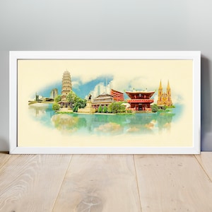 Aquarell-Guangzhou-Stadt-Illustration, Guangzhou Kunstwerk, Guangzhou Skyline, Panorama Guangzhou Poster, Karte, Guangzhou Druck, Stadt Kunst