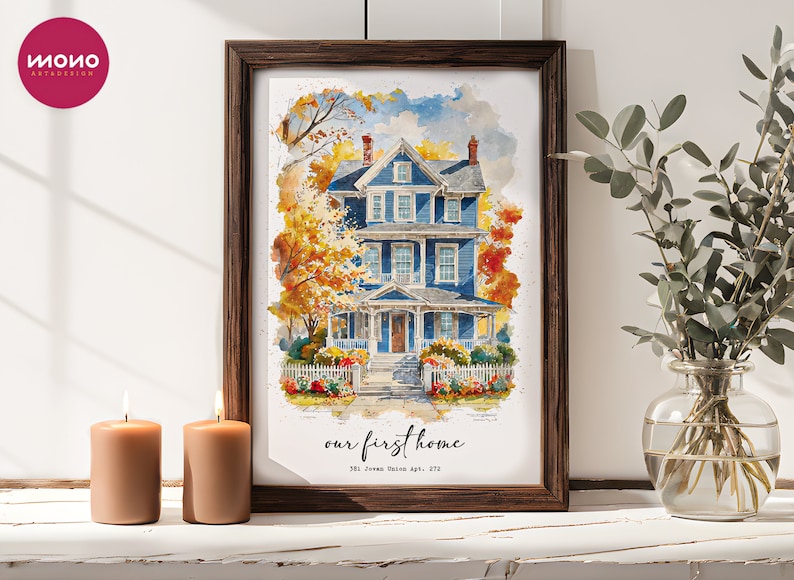 Framed watercolor house portrait from photo