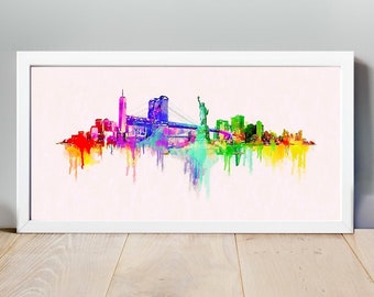 Ilustracja akwarelowa Nowego Jorku, dzieło sztuki z Nowego Jorku, panoramę Nowego Jorku, plakat z Nowego Jorku, wydruk z Nowego Jorku, sztuka Nowego Jorku, sztuka ścienna