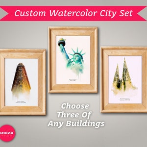 Custom Watercolor Painting City Set of 3, City Artwork, City Poster, City Art Print, Wall Art, Home Decor, Personalized City Poster Design