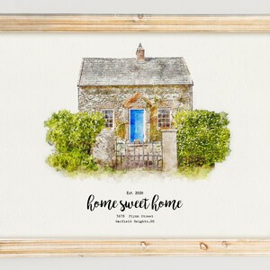 May include: Watercolour illustration of a stone house with a blue door. The house is surrounded by green bushes and a gate. The text "Est. 2020 home sweet home 3678 Flynn Street Garfield Heights, OH" is below the house.