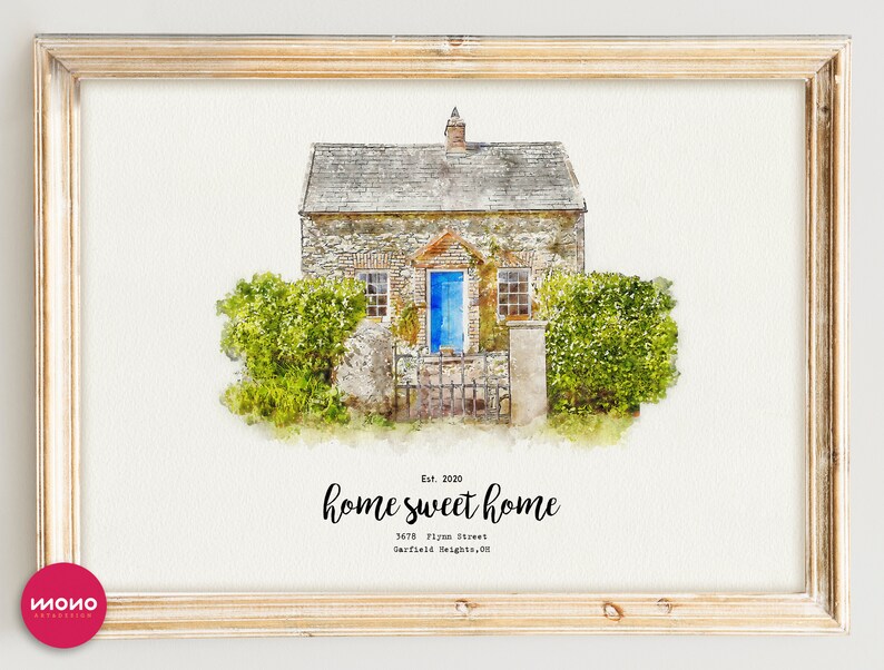 May include: Watercolour illustration of a stone house with a blue door. The house is surrounded by green bushes and a gate. The text "Est. 2020 home sweet home 3678 Flynn Street Garfield Heights, OH" is below the house.