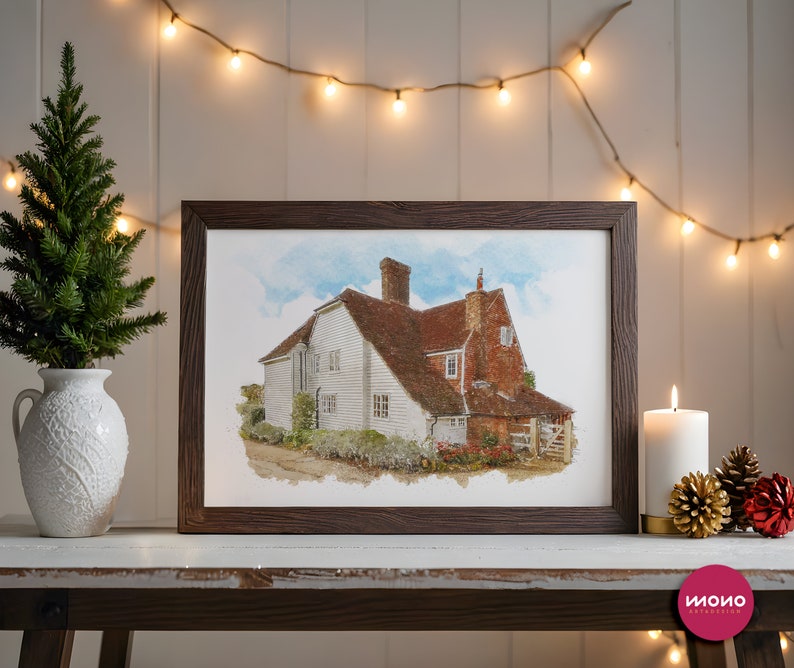 Framed watercolor house portrait from photo