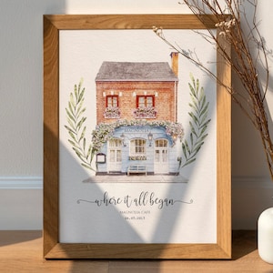 May include: A watercolour illustration of a building with a sign that says "Magnolia" and the text "where it all began" with the date "04.01.2013" and the words "Magnolia Cafe" underneath.