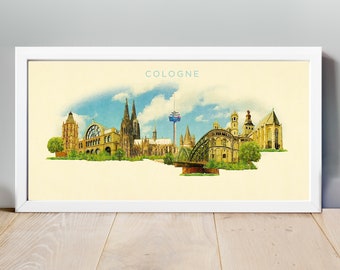 Watercolor Cologne City Illustration, Cologne Artwork, Cologne Skyline, Panoramic Cologne Poster, Cologne Print, Cologne Map, City Wall Art