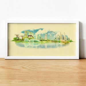 Aquarell-Singapur-Stadt Illustration, Grafik, Singapur Skyline von Singapur, Panorama Singapur Poster, Singapur Druck, Stadt Kunst Wand Kunst